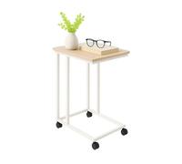 Tavolino Relaxdays con rotelle, HLP: 68 x 50 x 35 cm, MDF, Metallo, C-Form, tavolino da sottosedia, Marrone/Bianco