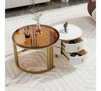 Tavolino rotondo 2 in 1 in MDF, tavolino con 1 piano bianco e 1 piano marrone in vetro temperato, combinazione tavolino con 2 cassetti (bianco + oro, 70 x 70 x 45 + 50 x 50 x 40 cm)