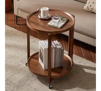 Tavolino Rotondo a 2 Livelli Tavolino in Legno con Ruote, Comodino da Fattoria, Comodino Piccolo, Tavolino da Divano Vintage Rustico Tavolino da caffè per Soggiorno, Camera da Letto, Noce