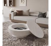 Tavolino rotondo da 75 cm con vano portaoggetti, tavolino da divano (bianco retrò), tavolino da caffè con struttura effetto legno, impiallacciato in legno massiccio, per soggiorno, camera da letto
