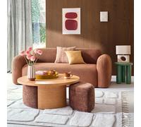 Tavolino rotondo impiallacciato in rovere con 2 pouf, JEN Beige TU