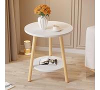 Tavolino rotondo in legno massello con 2 ripiani in MDF scrivania e robusto supporto per piccoli spazi, finitura bianca, diametro 50 cm, arredamento elegante e funzionale