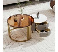 Tavolino rotondo in MDF 2 in 1, tavolino con 1 piano da tavolo lucido e 1 piano in vetro temperato marrone, combinazione tavolino da salotto con 2 cassetti, 70 x 70 x 45 + 50 x 50 x 40 cm