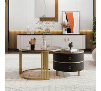 Tavolino rotondo in MDF 2 in 1, tavolino con 1 tavolo lucido e 1 piano in vetro temperato marrone, combinazione tavolino da salotto con 2 cassetti, 70 x 70 x 45 (nero)