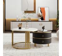 Tavolino rotondo in MDF 2 in 1, tavolino con piano lucido e 1 piano in marmo bianco, combinazione tavolino da salotto con 2 cassetti, 70 x 70 x 46 + 50 x 50 x 40 cm (bianco+oro+nero)
