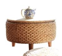 Tavolino rotondo in rattan in stile giapponese con portaoggetti fatto a mano, per casa e ufficio, design moderno e minimalista, colore primario