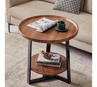 Tavolino rotondo piccolo, tavolino laterale a 2 livelli con contenitore, tavolino rotondo piccolo for soggiorno, mobile da soggiorno da 20'' con robusta struttura in acciaio(Walnut)
