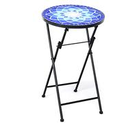 Tavolino rotondo pieghevole a mosaico da 36 cm: design floreale blu, piano in piastrelle di ceramica, tappetino antiscivolo - perfetto per uso interno ed esterno per perseguire la felicità