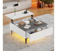 Tavolino sollevabile con illuminazione a LED, tavolo da salotto con cassetto, ripiano e spazio di archiviazione aperto, 70 x 70 x 35 cm, tavolini da salotto allungabile 3 in 1 con piano elevatore e