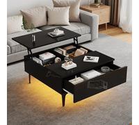 Tavolino sollevabile con illuminazione a LED, tavolo da salotto con cassetto, ripiano e spazio di archiviazione aperto, 70 x 70 x 35 cm, tavolini da salotto allungabile 3 in 1 con piano elevatore e