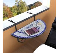 Tavolino sospeso da balcone con mosaico blu e bianco, tavolo da caffè | Superficie a mosaico in ceramica, supporto in ferro, spessore fino a 18 cm, pieghevole, salvaspazio, per balcone e terrazza