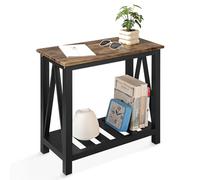 Tavolino stretto rettangolare con ripiano portaoggetti, piccolo divano, comodini industriali, comodino per piccoli spazi, soggiorno, camera da letto, bagno, piano marrone liscio e gambe nere