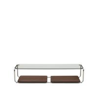 Tavolino Tarsel in vetro temperato e vassoio impiallacciato in noce con struttura in acciaio inox spazzolato 140 x 60 cm