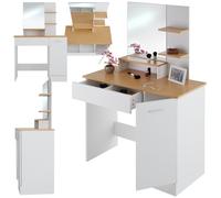 TecTake® Tavolo da Trucco Moderno con Grande Specchio, Toeletta Trucco con Cassetto Suddiviso, Tre Ripiani Aperti, Postazione Trucco con Doppiofondo e Portella - Zoe, Bianco/Faggio