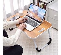 BAKAJI Tavolino da Letto, Vassoio per Colazione Divano, Tavolo Porta Tablet, Notebook, PC, Struttura in Metallo Pieghevole, Leggio Piano in Legno Venato 60 x 40 x 28 cm (Beige)