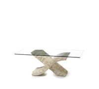 Tavolino Xenon, linea Stone Decor E5, 120x70xH40 cm, colore Vetro trasparente, materiale Top Vetro temperato filo lucido, GambeBase Pietra fossile white agata, Struttura Gambe Compensato marino. avori