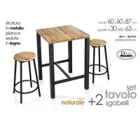 Tavolo 60x60 + 2 sgabelli struttura in metallo nero. Seduta e piano il legno