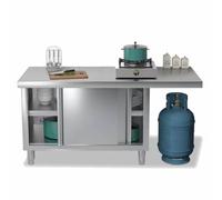 Tavolo Acciaio Inox Piano di Lavoro Estensibile con Spazio per Bombole Gas da Cucina Altezza 80 Cm Sistema Guide per ante Scorrevoli Piedini Regolabili Rinforzati Vano Portaoggetti a Doppio Livello