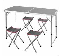 AKTIVE 63161 Tavolo pieghevole in alluminio con 4 sgabelli in acciaio, altezza regolabile 60-70 cm, superficie 120 x 60 cm, finitura grigia, design portatile con maniglia per campeggio, spiaggia e