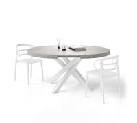 Tavolo Allungabile Rotondo Emma, 120-160 cm, Grigio Cemento con gambe Incrociate Bianche