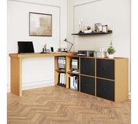 Tavolo angolare, piano del tavolo girevole a 360° - a forma di L o dritto, MDF, piano e gambe rinforzati 4 cm, con 4 scomparti, 4 cassetti, regolabile in modo flessibile (nero + rovere)