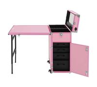 Tavolo arrotolabile per manicure in rosa - Carrello cosmetico pieghevole con specchio, Bluetooth e 4 cassetti, tavolo da toeletta professionale con serrature di sicurezza per studio e dispositivi