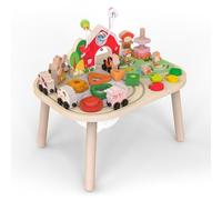 Tavolo attività in Legno per Bambini 1 Anno, Legno con Labirinto di Perline, sortatore di Forme e Pista del Trenino, Centro educativo sensoriale 12+ Mesi