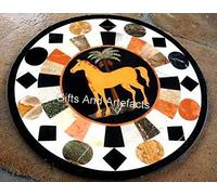 Tavolo centrale con intarsio artistico a cavallo con look reale, 76 x 76 cm, rotondo, in marmo nero, per decorazione da giardino e ufficio, tavolo personalizzato in marmo indiano