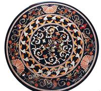 Tavolo centrale rotondo in marmo con intarsio artistico in pietra dura, 91 x 91 cm, piano in marmo nero con look vintage ed elegante, artigianato di lusso per la casa