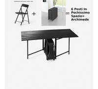 Tavolo chiudibile con portasedie e 6 sedie nere laminato con ruote cornice Laminata 172x92x h73 cm Archimede richiudibile in 34 centimetri nero con 6 sedie nere prodotto consegnato Montato nero