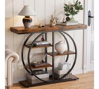 Tavolo consolle 104 cm, tavolo d'ingresso industriale a 5 piani con ripiani, in legno stretto con base circolare, tavolo d'accento con telaio in metallo per soggiorno, ingresso, corridoio, rustico