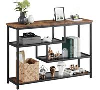 Tavolo consolle 4 ripiani, tavolino con scomparti aperti, tavolo d'ingresso, sottile, con ripiani in vetro e telaio in metallo, per soggiorno, foyer, camera da letto, 100 x 30 x 75 cm, marrone rustico
