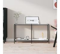 Tavolo consolle bianco 140 x 35 x 75,5 cm, vetro temperato con telaio in acciaio verniciato a polvere, elegante tavolo da corridoio per soggiorno, camera da letto, mensola stretta