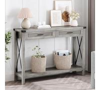Tavolo consolle con cassetto in rattan, tavolo d'ingresso Farmhouse con 2 cassetti e ripiano portaoggetti, struttura in metallo, mobile multiuso per soggiorno, camera da letto, ingresso, grigio