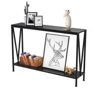 Tavolo consolle in legno e metallo, sottile, 110 x 25 x 76 cm, con vano portaoggetti, scaffale a 2 livelli, tavolino per ingresso, soggiorno, colore nero