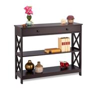 Relaxdays Tavolo Consolle, 3 Ripiani, Ampio Cassetto, Stretto, Stile Classico, Ingresso, HLP: 80x100x30 cm, MDF, Marrone, Fibra di Legno, 1 Parte