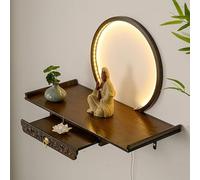 Tavolo da altare buddista in bambù con cassetto e vassoio scorrevole, mensola per preghiera spirituale zen, per meditazione domestica, design marrone tranquillo (60 cm)