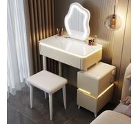 Tavolo da bagno moderno in legno bianco con sgabello imbottito per camera da letto o spogliatoio, design quadrato compatto (70,1 cm) - stazione trucco ideale per piccoli spazi