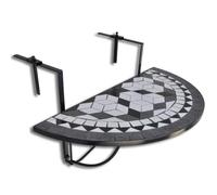 Tavolo da balcone sospeso con mosaico bianco e nero e struttura in ferro | Piano semicircolare in ceramica, fissaggio ringhiera fino a 18 cm, pieghevole, adatto per balcone o terrazzo