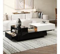 Tavolo da caffè lucido, 100 x 50 x 38 cm, con 1 cassetto, tavolino con pannello scorrevole, tavolo geometrico, tavolino con design cucito in bianco e nero, grande spazio