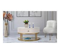 Tavolo da caffé rotondo con struttura in metallo dorato, MONTPELLIER, dimensioni 42x42x h 48 cm design ondulato colore bianco