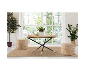 Tavolo da caffè rotondo con struttura in metallo nero, BOHO CHIC, dimensioni Ø 80X46,5 cm piano in vetro incorniciato in un intreccio di rattan avorio