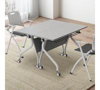 Tavolo da conferenza pieghevole moderno, set da 2 pezzi, tavoli mobili per allenamento con ruote, colore bianco, 160 cm, ideale per ufficio, seminario, classe, design salvaspazio.