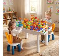 Tavolo da costruzione multifunzionale per bambini con 2 sedie per bambini | Altezza Regolabile, Doppio Piano Fronte, Tavolo da Gioco e Studi, con 515 Blocchi di Costruzione