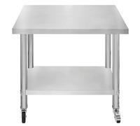 Tavolo da cucina in acciaio inox per la preparazione dei cibi con 4 ruote piroettanti con 2 freni e 4 piedini adattabili Ripiano inferiore regolabile 3 posizioni Portata 160 kg 76cm x 90cm x 86cm