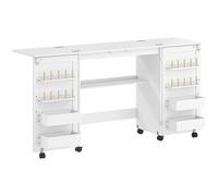 Tavolo da Cucito Pieghevole per Macchina da Cucire con Ripiani 20 Pioli Ruote con Blocco Bianco