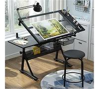 Tavolo da disegno inclinabile regolabile con sgabello, piano in vetro e 2 cassetti, perfetto per artisti, architetti e studenti per disegnare, scrivere e leggere