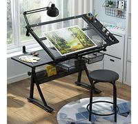 Tavolo da disegno regolabile con sgabello, piano in vetro temperato, design inclinabile per artisti, include 2 cassetti, ideale per disegnare, leggere e scrivere