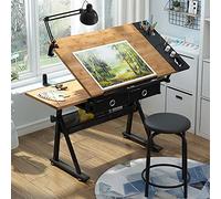 Tavolo da disegno regolabile con sgabello, scrivania da disegno inclinabile in bambù, scrivania artistica con contenitore e cassetti per disegnare, dipingere e lavoro/studio