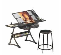 Tavolo da disegno regolabile, scrivania da disegno in vetro trasparente con contenitore, scrivania in vetro temperato, tavolo da studio con cassetto, altezza 71-93 cm, nero